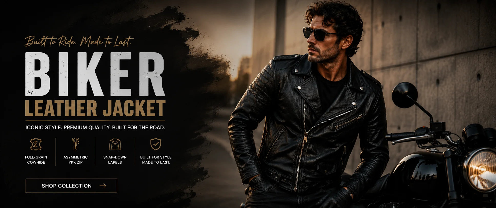 Men's black biker leather jacket in full-grain cowhide with asymmetric YKK zip and snap-down lapels