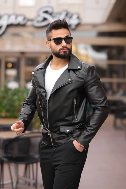 Close-up of black full-grain cowhide biker jacket snap notched lapel collar