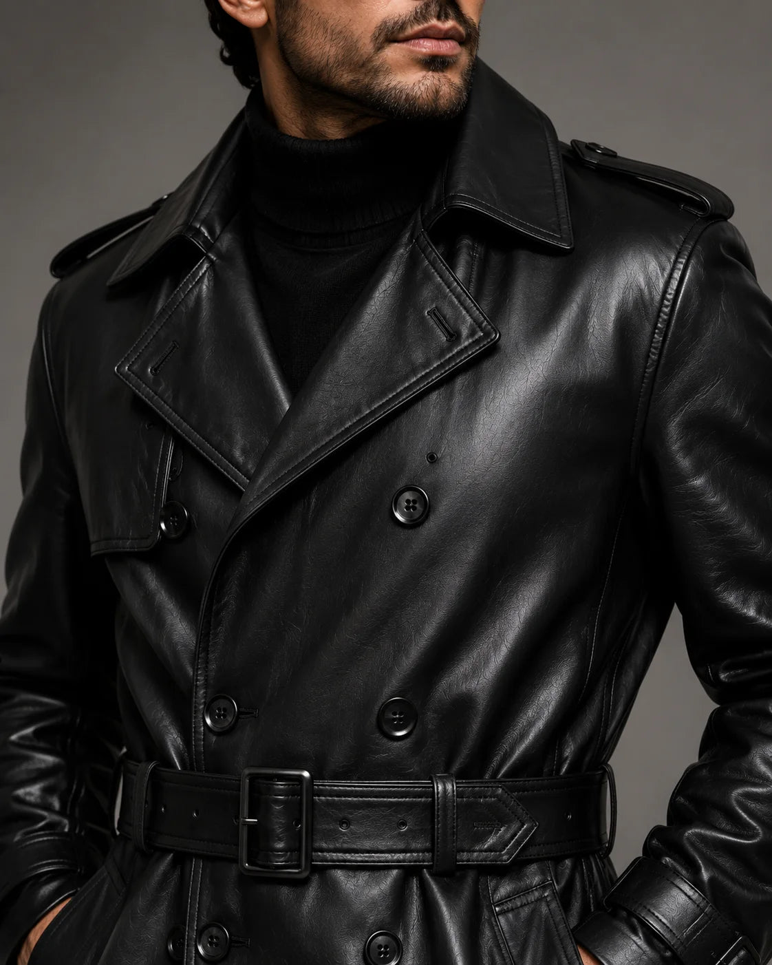 Black leather trench coat adjustable waist belt d ring detail