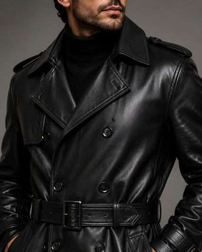 Black leather trench coat adjustable waist belt d ring detail