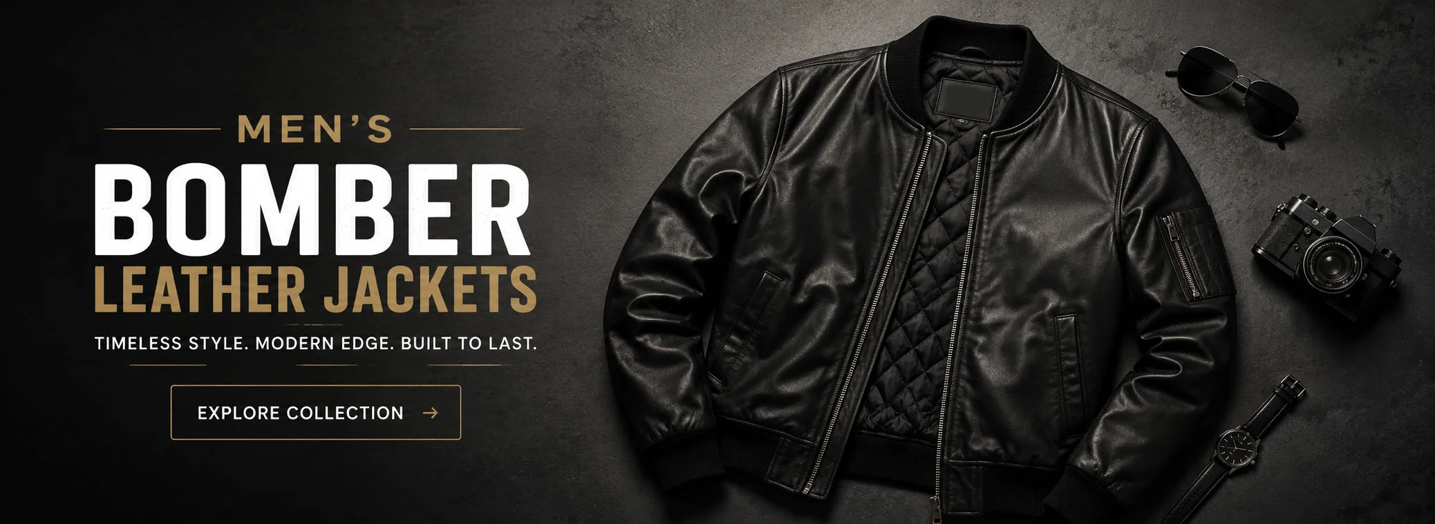 Black slim-fit men's leather bomber jacket flat lay — full-grain cowhide with brass YKK zipper and ribbed cuffs