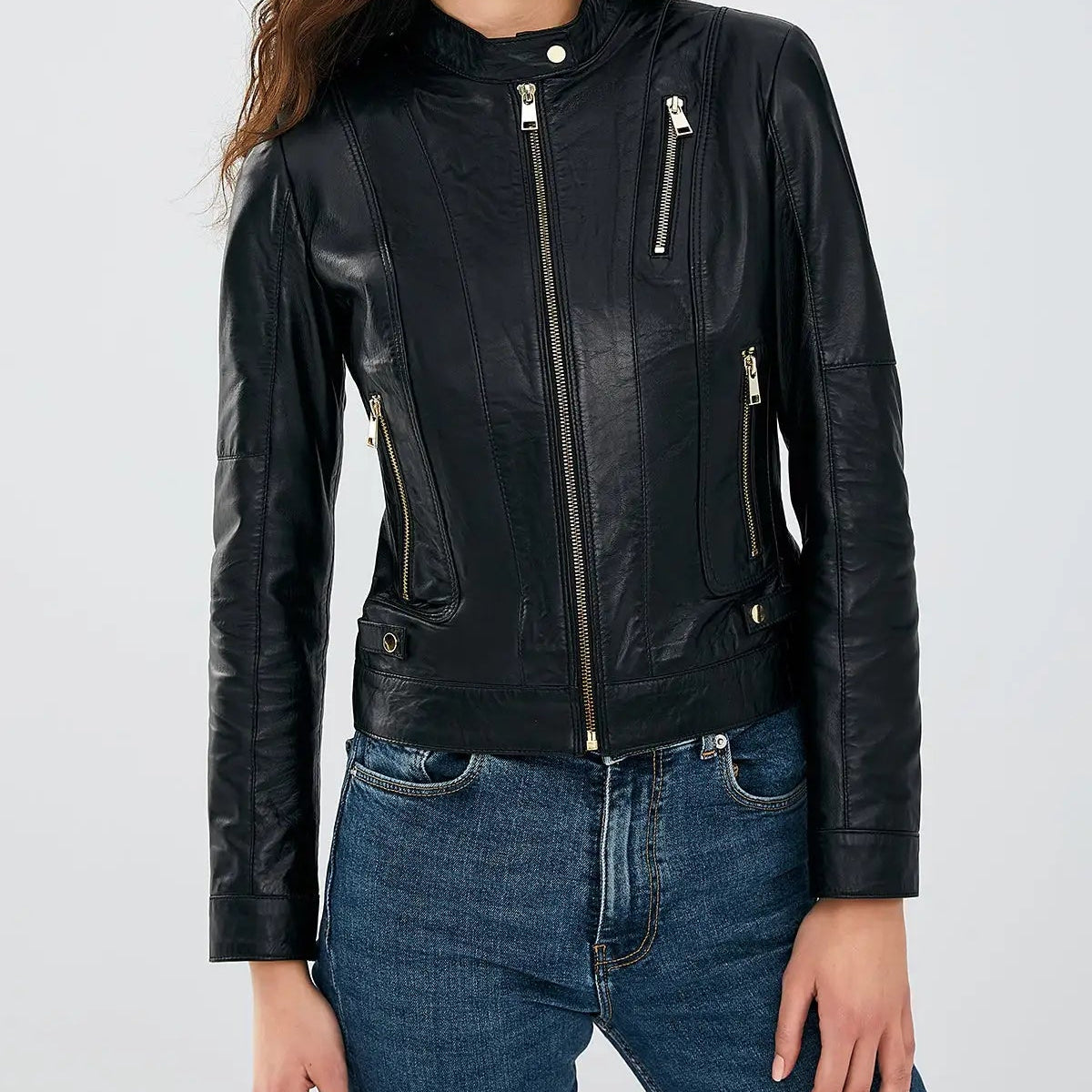 Black women's genuine leather stretch-fit biker jacket, front view, asymmetric zip and snap collar