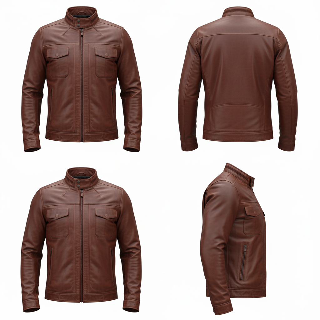 Four-angle view of Bram men's brown cafe racer leather jacket, front, back, and side profiles
