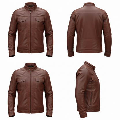 Four-angle view of Bram men's brown cafe racer leather jacket, front, back, and side profiles