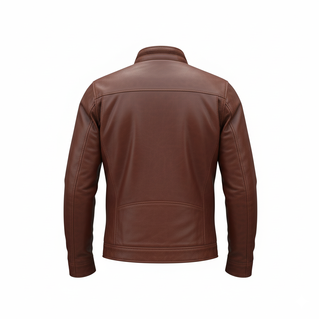 Brown cowhide biker jacket side view, showing zip chest pocket and slim cafe racer cut