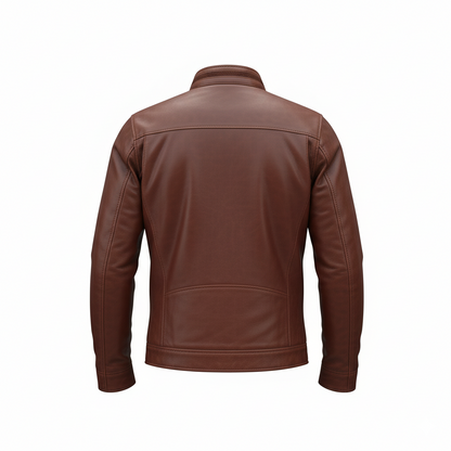Brown cowhide biker jacket side view, showing zip chest pocket and slim cafe racer cut
