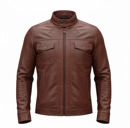 Men's brown cafe racer leather jacket, front view, showing snap-tab lapel collar and centre-front zip