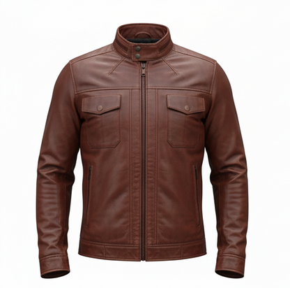 Men's brown cafe racer leather jacket, front view, showing snap-tab lapel collar and centre-front zip