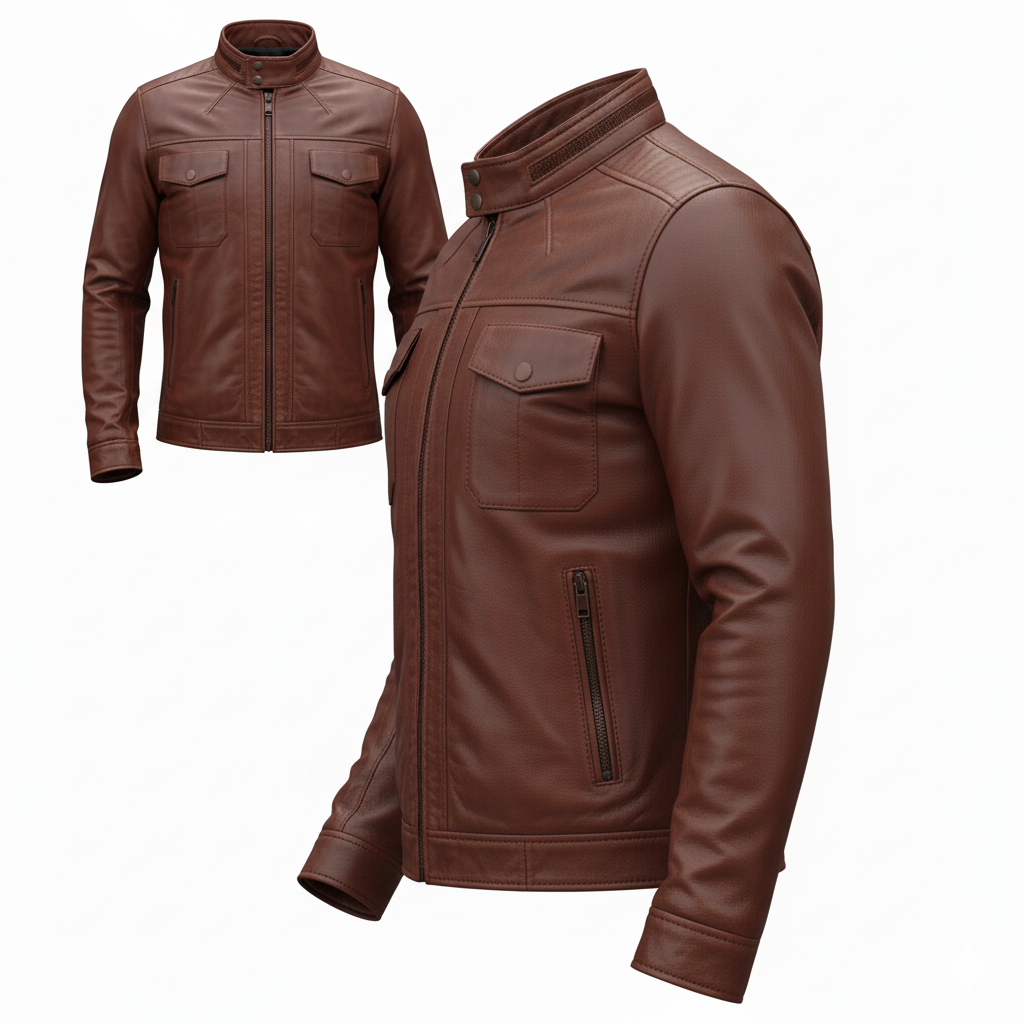 Back view of men's brown leather cafe racer jacket, showing paneled seams and stand-up collar