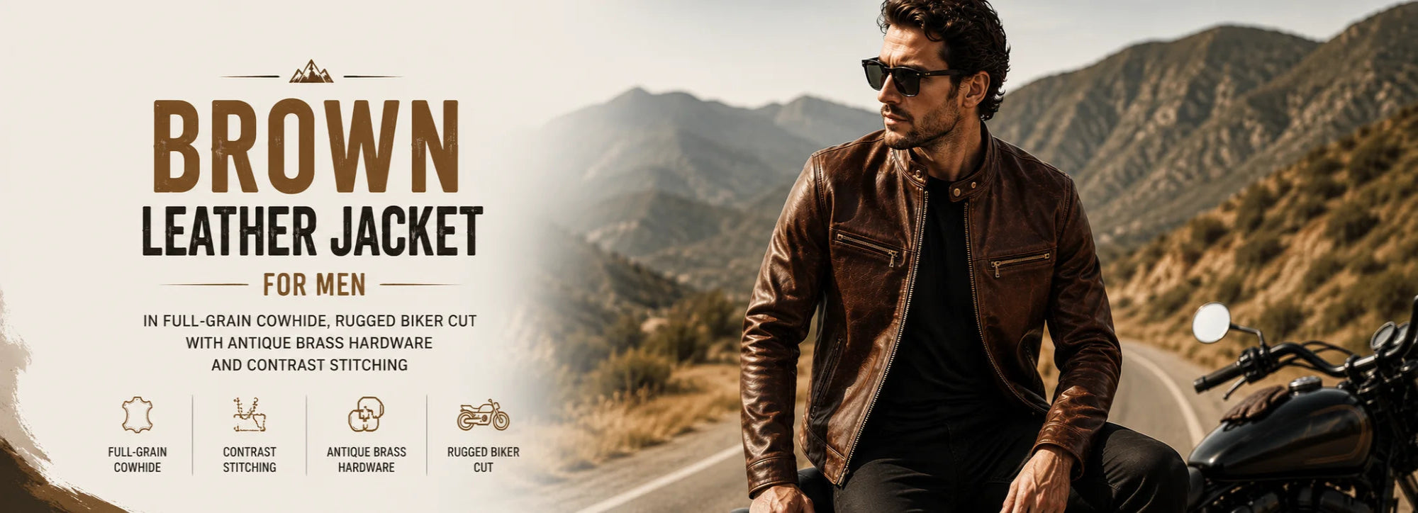 Brown leather jacket for men in full-grain cowhide, rugged biker cut with antique brass hardware and contrast stitching