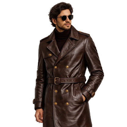 Brown leather trench coat adjustable d ring waist belt detail