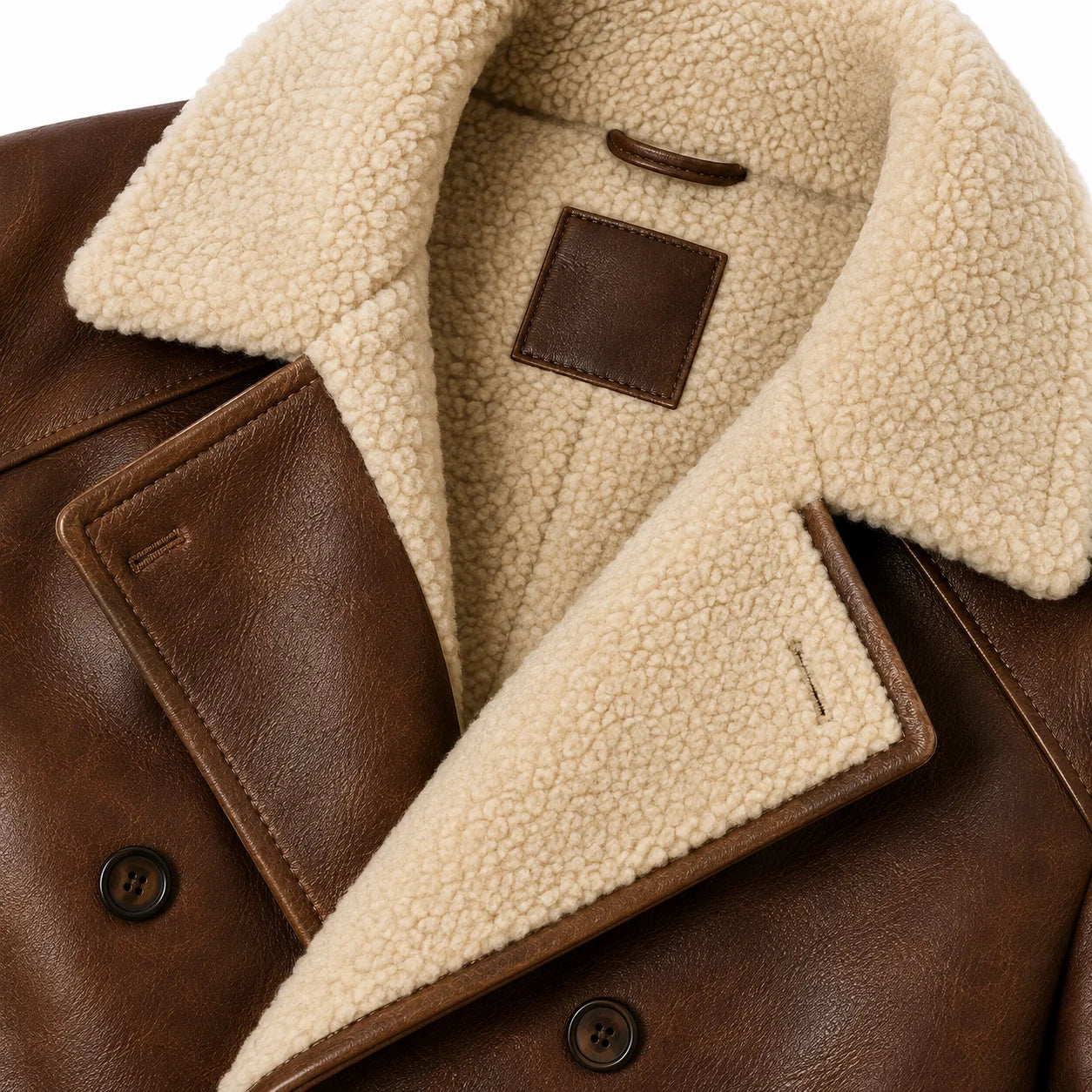Shearling leather trench coat wide lapel collar natural wool underside detail