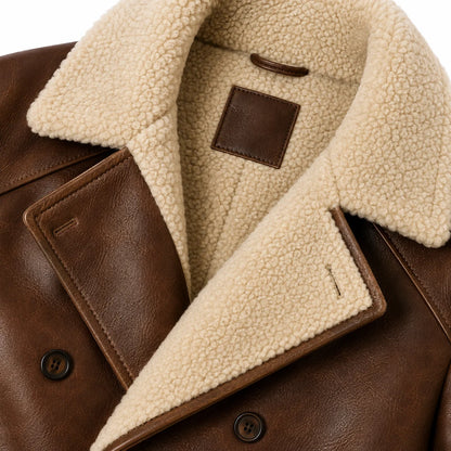 Shearling leather trench coat wide lapel collar natural wool underside detail