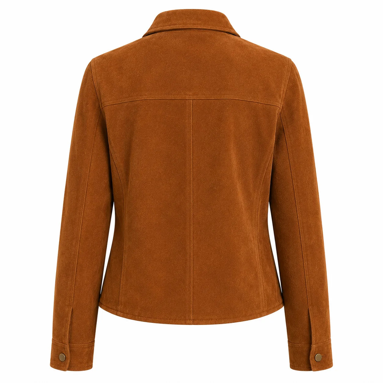 Caramel suede jacket for women, soft drape silhouette, back view