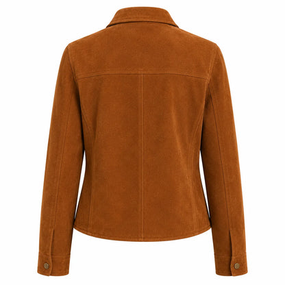 Caramel suede jacket for women, soft drape silhouette, back view
