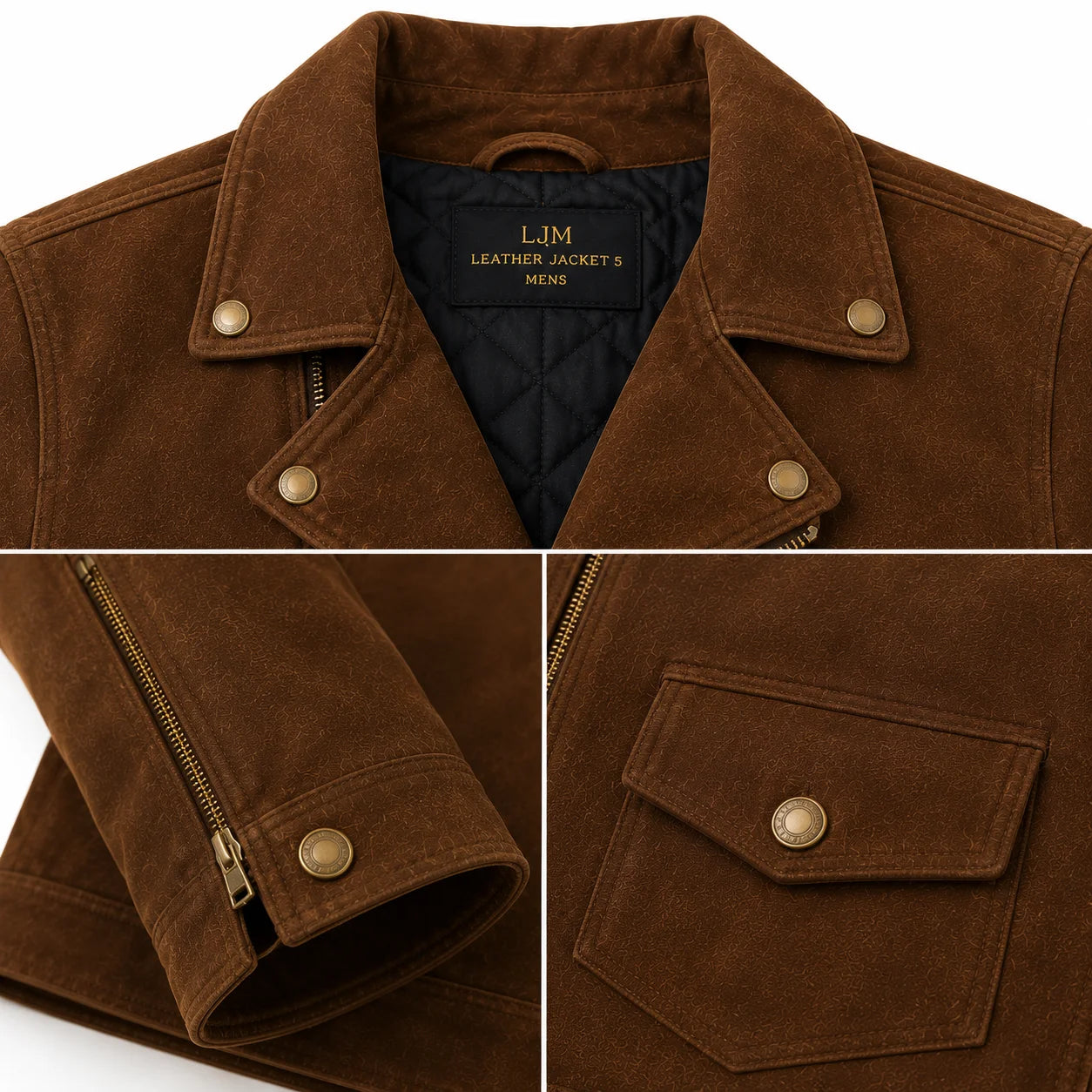Close-up of suede biker jacket collar snap and brass YKK zipper, short pocket