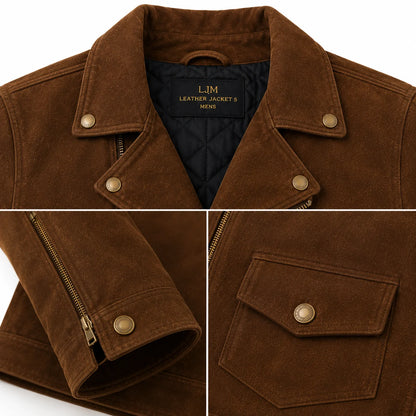 Close-up of suede biker jacket collar snap and brass YKK zipper, short pocket