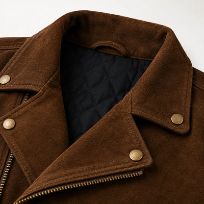 Close-up of suede biker jacket collar snap and brass YKK zipper