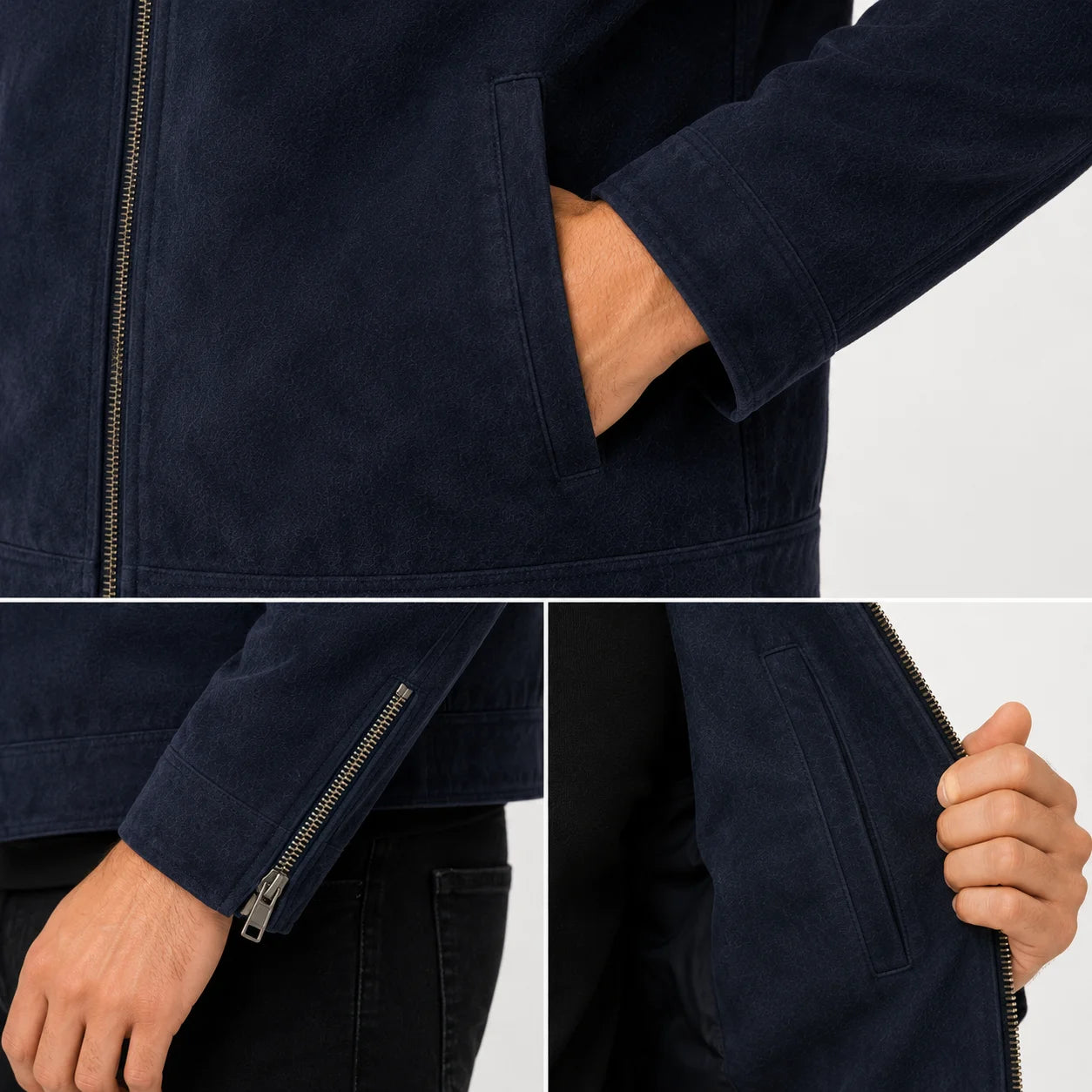 Close-up of suede cafe racer  minimal welt pocket, inner pocket and zippered sleeves 