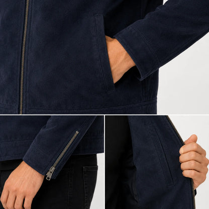 Close-up of suede cafe racer  minimal welt pocket, inner pocket and zippered sleeves 