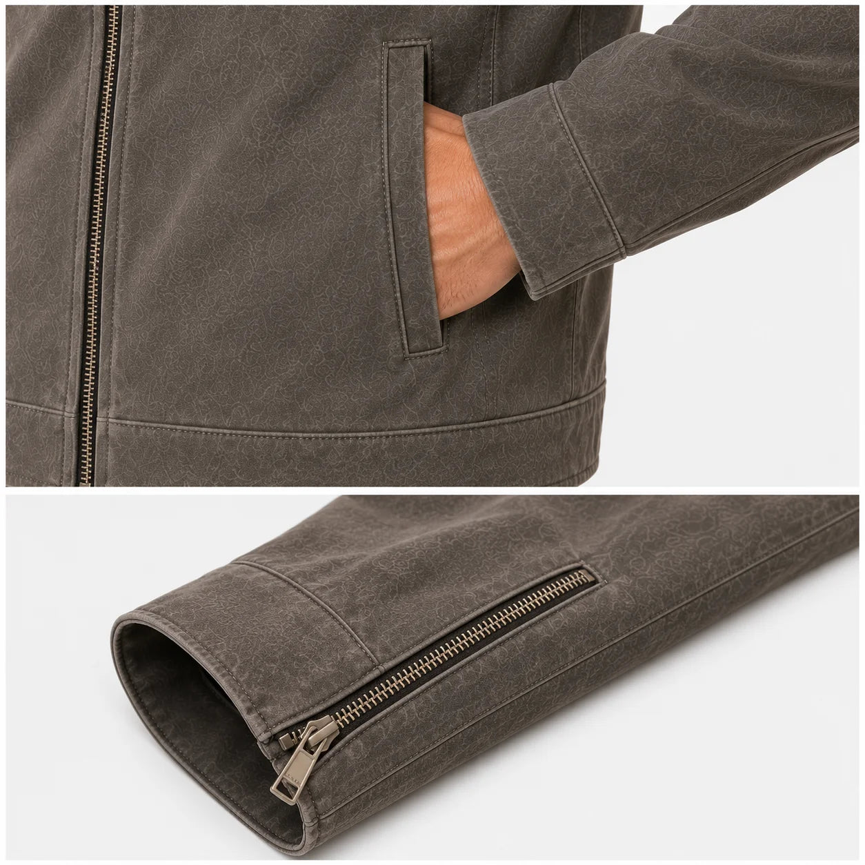 Close-up of suede cafe racer minimal welt pocket
