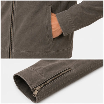 Close-up of suede cafe racer minimal welt pocket