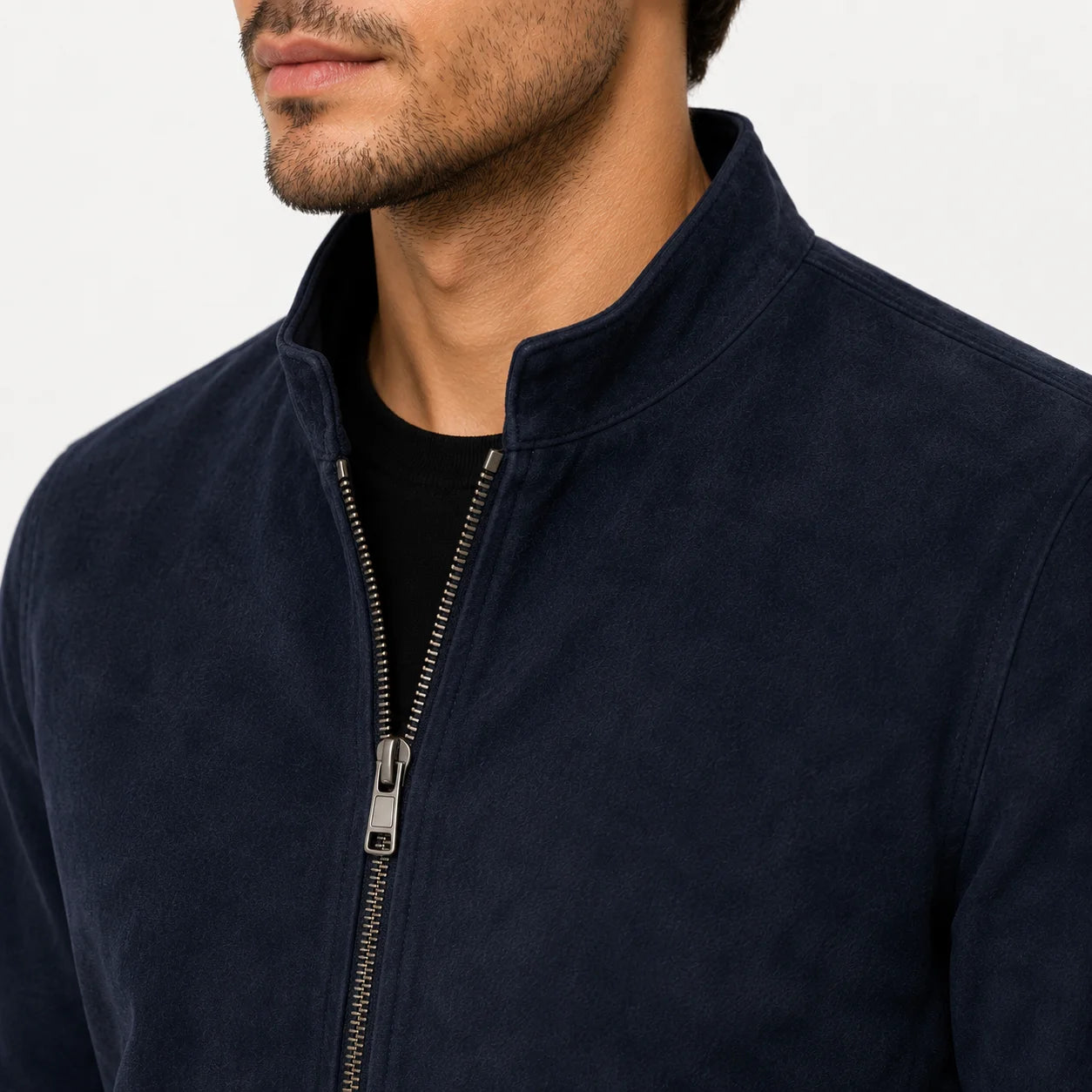 Close-up of suede cafe racer short stand-up collar