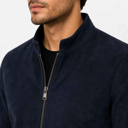 Close-up of suede cafe racer short stand-up collar