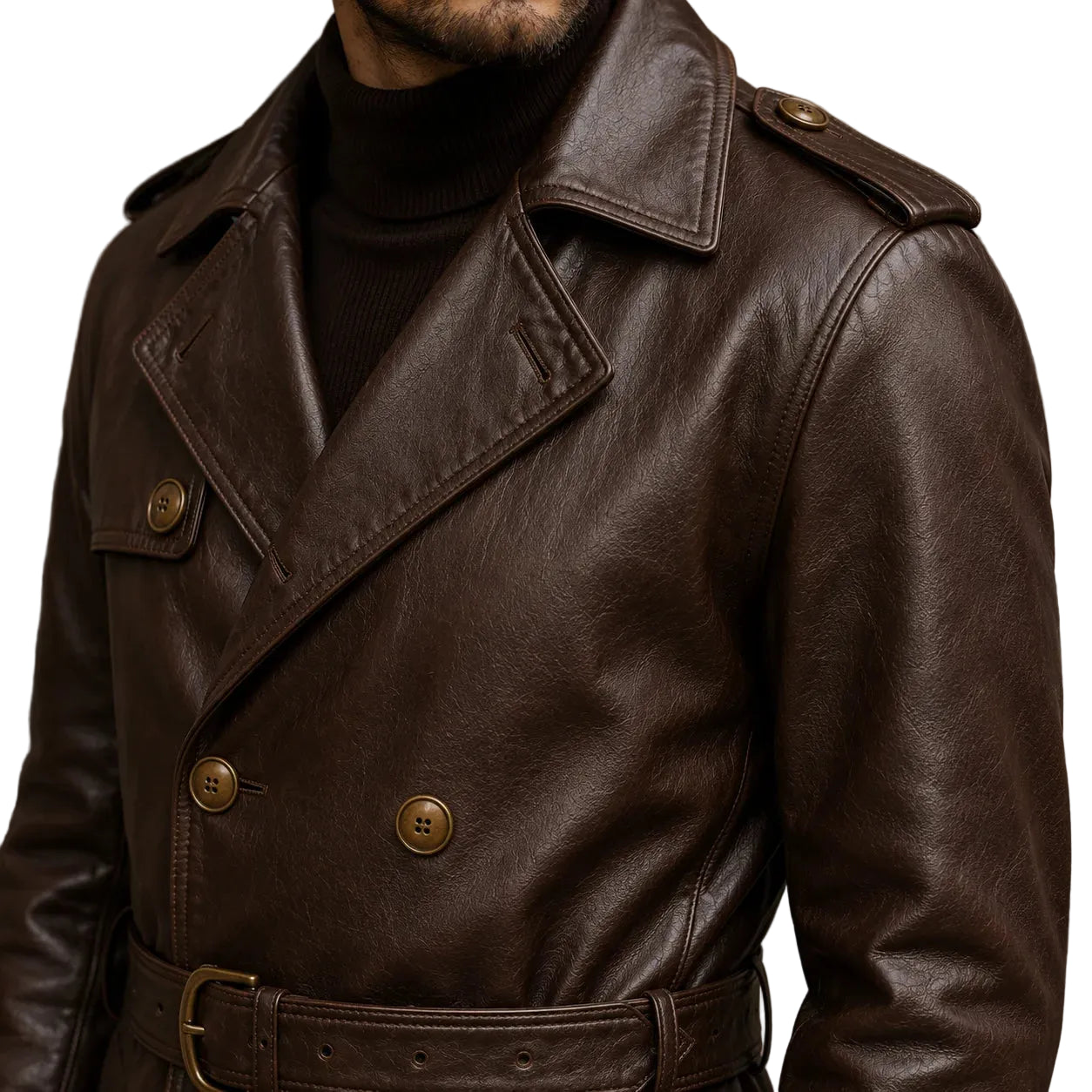 Dark brown full grain leather trench coat patina texture close up