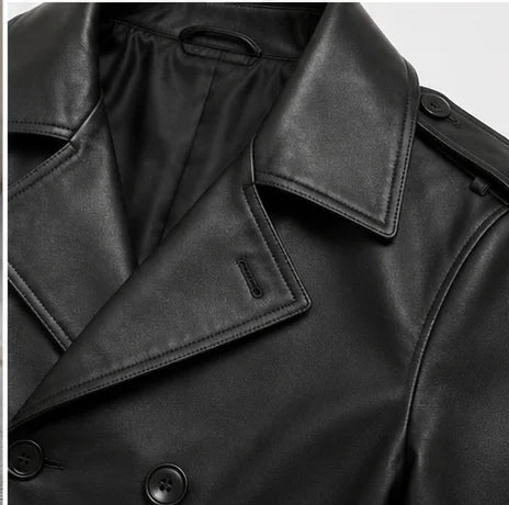 Double breasted black leather trench coat antique brass button detail