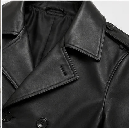 Double breasted black leather trench coat antique brass button detail