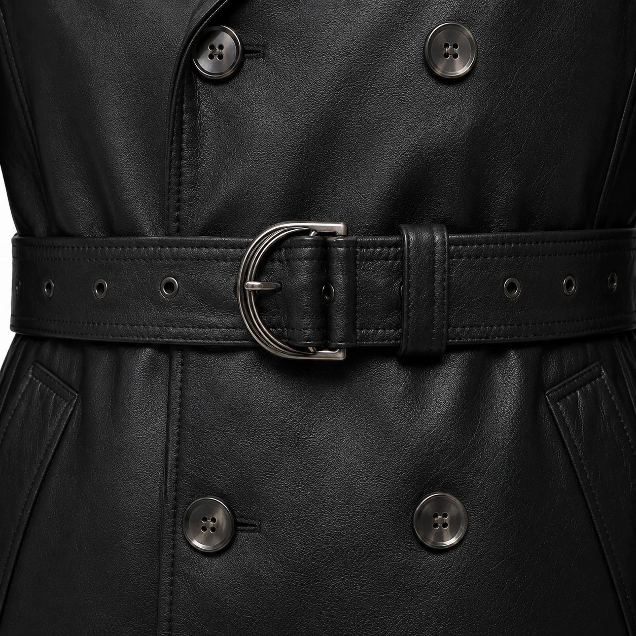 Double breasted lambskin leather trench coat polished gunmetal button d ring belt