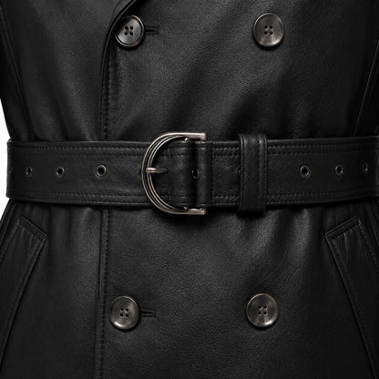 Double breasted lambskin leather trench coat polished gunmetal button d ring belt