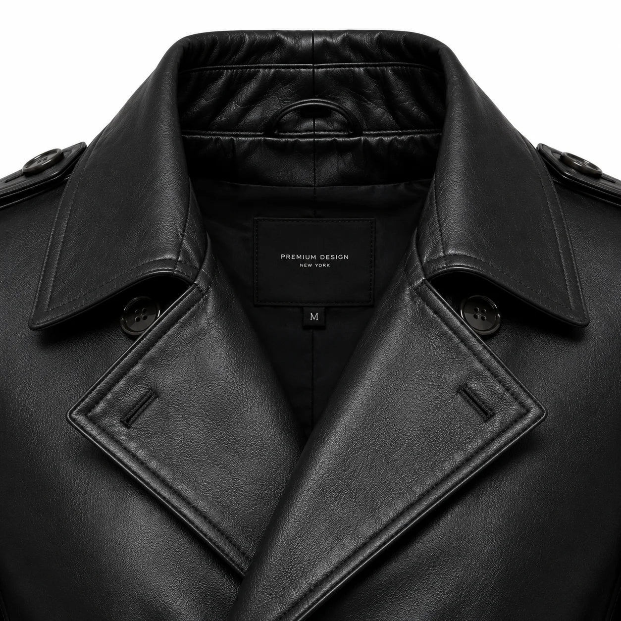 double breasted lambskin leather trench coat polished lapel collar closeup