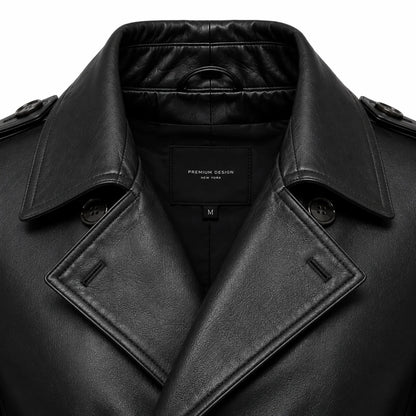 double breasted lambskin leather trench coat polished lapel collar closeup