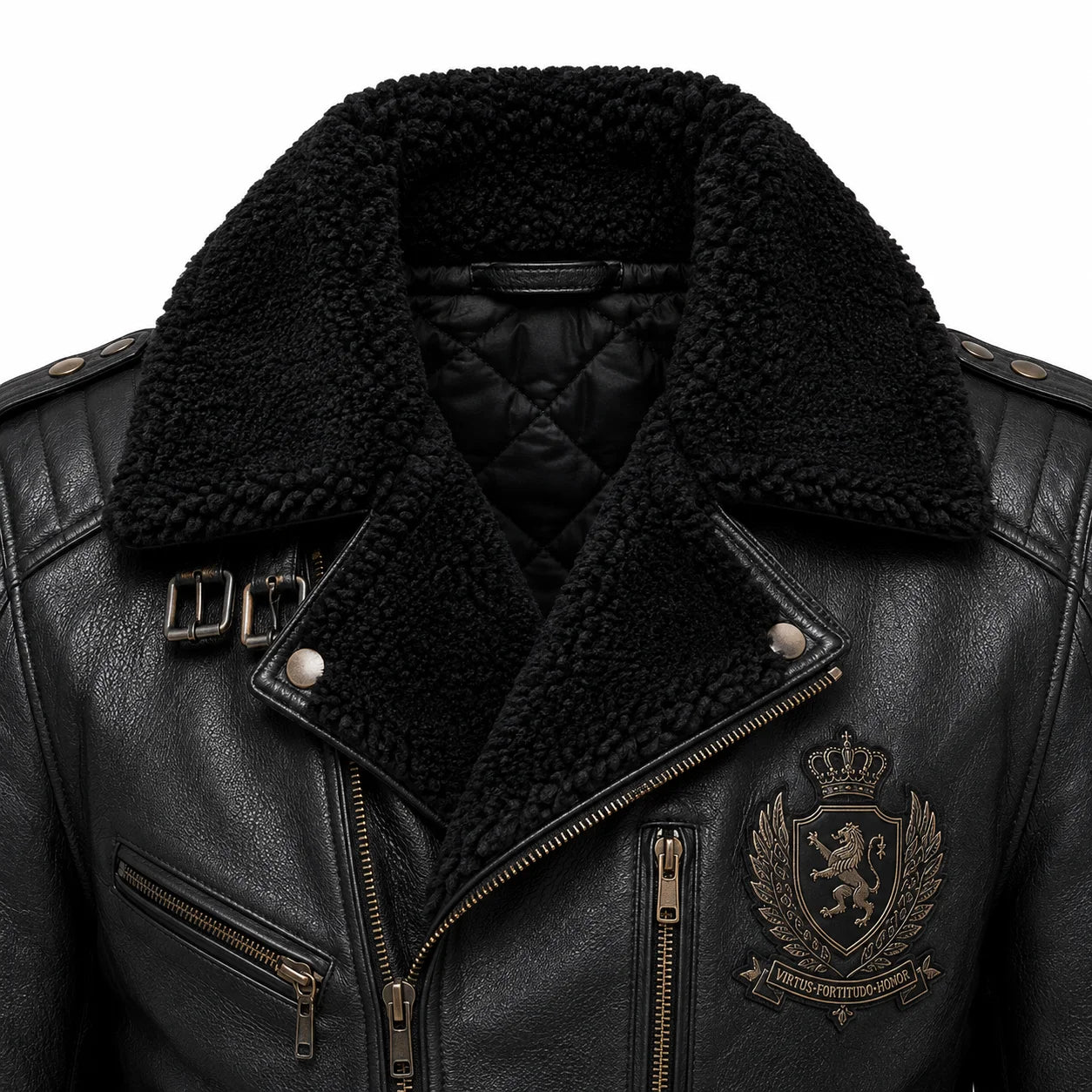 Close-up of genuine tanned shearling collar texture