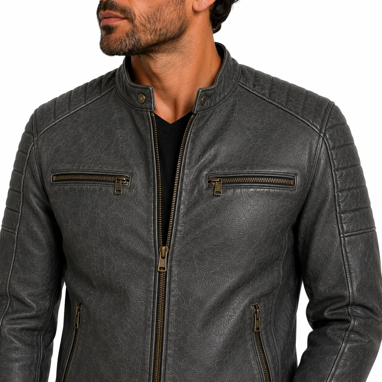 Close-up grain texture of gunmetal grey full-grain cowhide