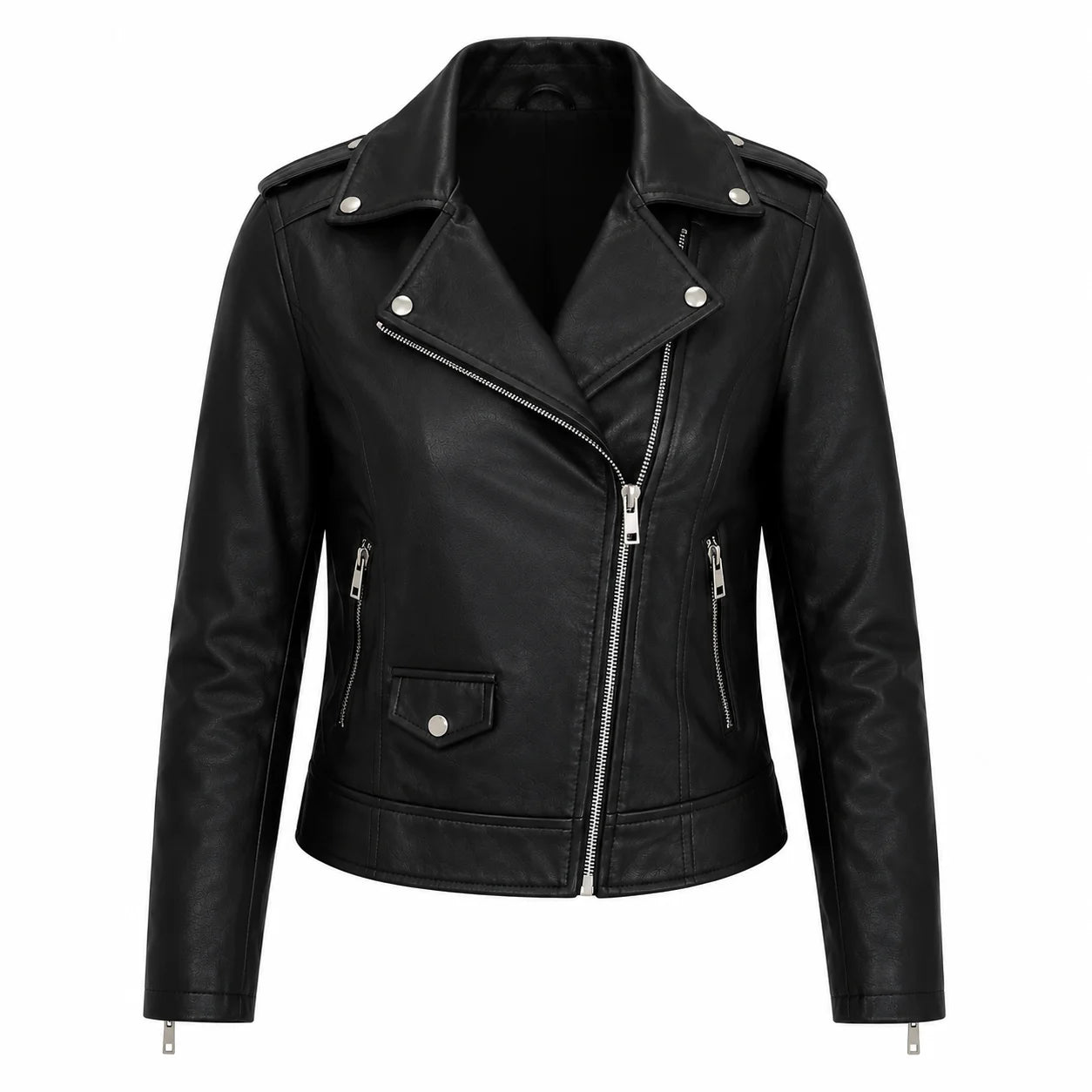 Front view of Harper women's asymmetrical zip black leather biker jacket with notch lapel and silver YKK hardware