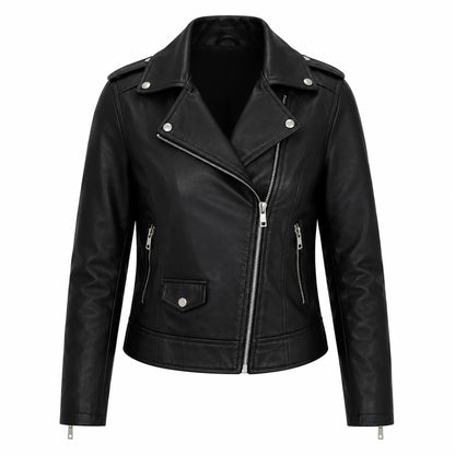 Front view of Harper women's asymmetrical zip black leather biker jacket with notch lapel and silver YKK hardware