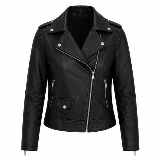 Front view of Harper women's asymmetrical zip black leather biker jacket with notch lapel and silver YKK hardware