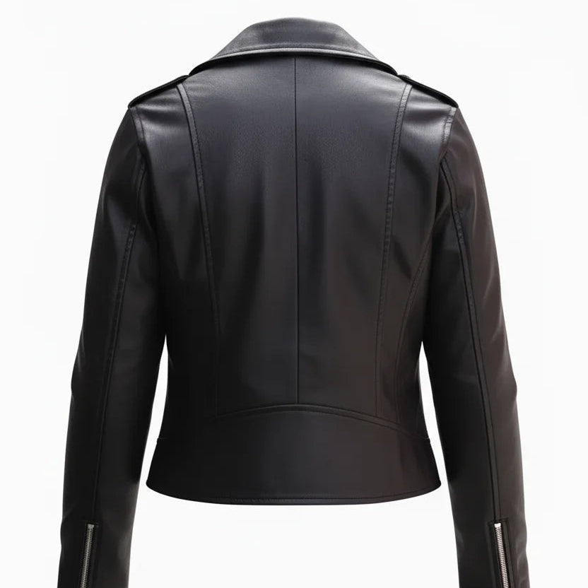 Back view of Harper women's black lambskin biker jacket showing fitted seam construction