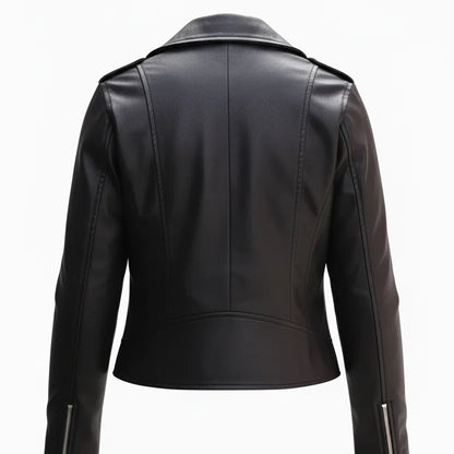 Back view of Harper women's black lambskin biker jacket showing fitted seam construction