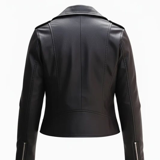 Back view of Harper women's black lambskin biker jacket showing fitted seam construction