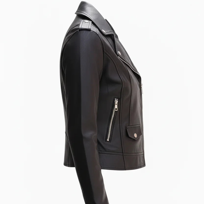 Side profile of Harper women's black leather biker jacket showing slim motorcycle fit