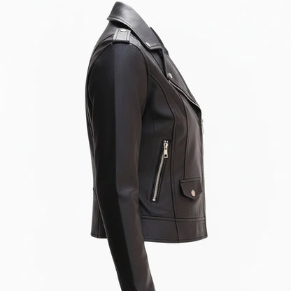 Side profile of Harper women's black leather biker jacket showing slim motorcycle fit