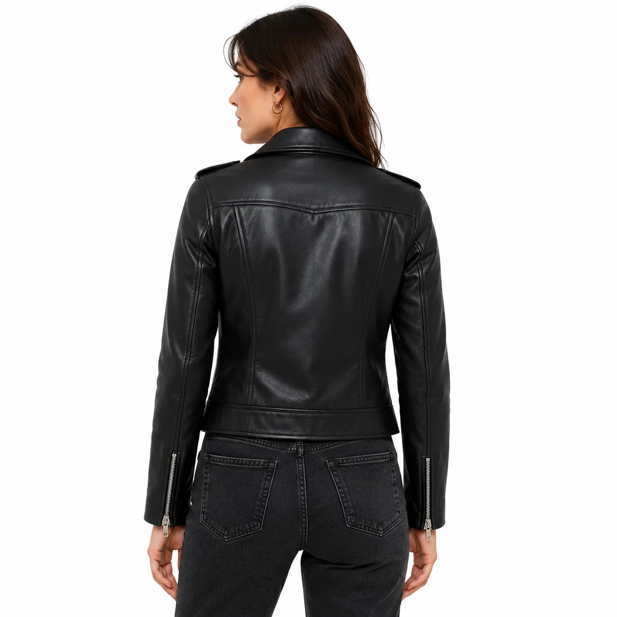 Woman wearing Harper black leather biker jacket from behind showing tailored waist fit