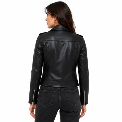 Woman wearing Harper black leather biker jacket from behind showing tailored waist fit