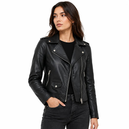 Woman wearing Harper black leather biker jacket open over a black top with offset YKK zipper