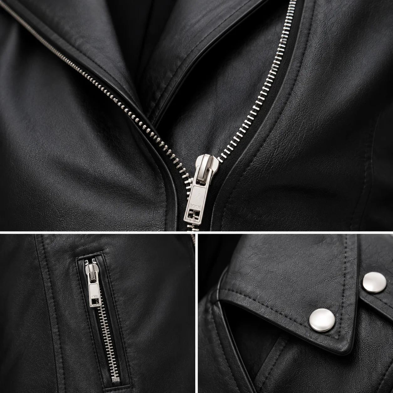 Close-up of Harper jacket's silver YKK zipper, zip pocket, and snap-button notch collar