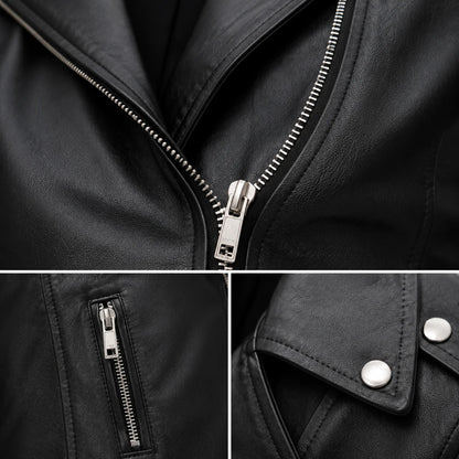 Close-up of Harper jacket's silver YKK zipper, zip pocket, and snap-button notch collar